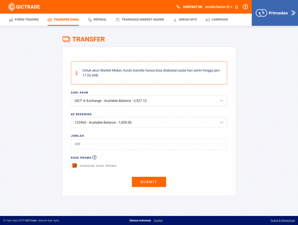 Tampilan Funds Transfer